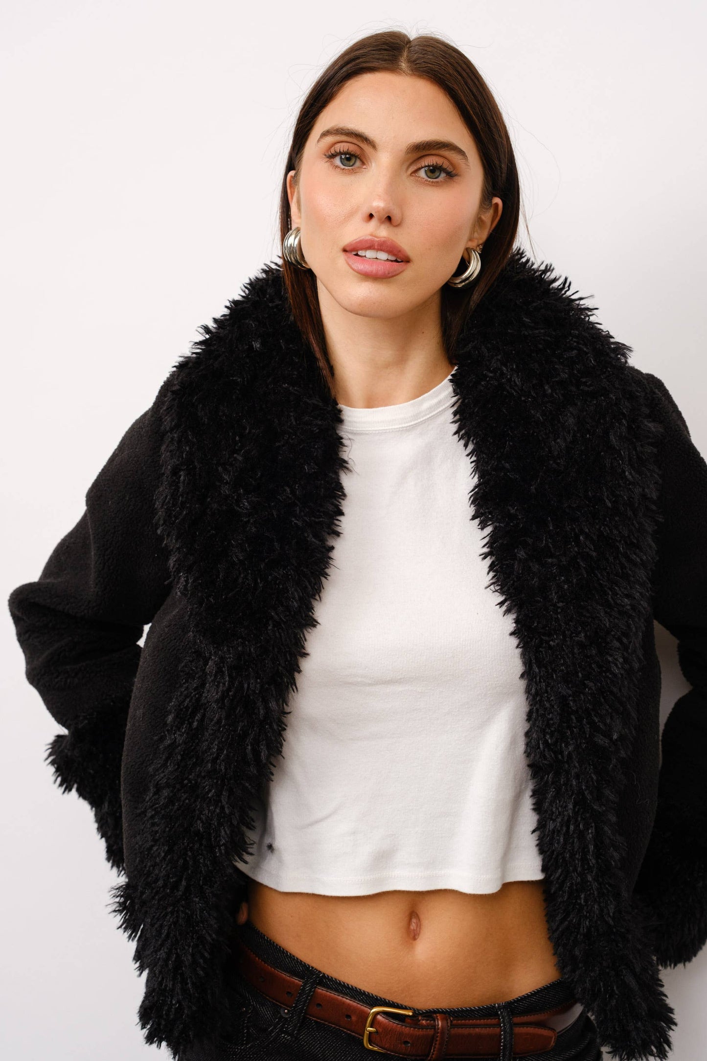 Cecilia Contrast Fur Short Coat - Black