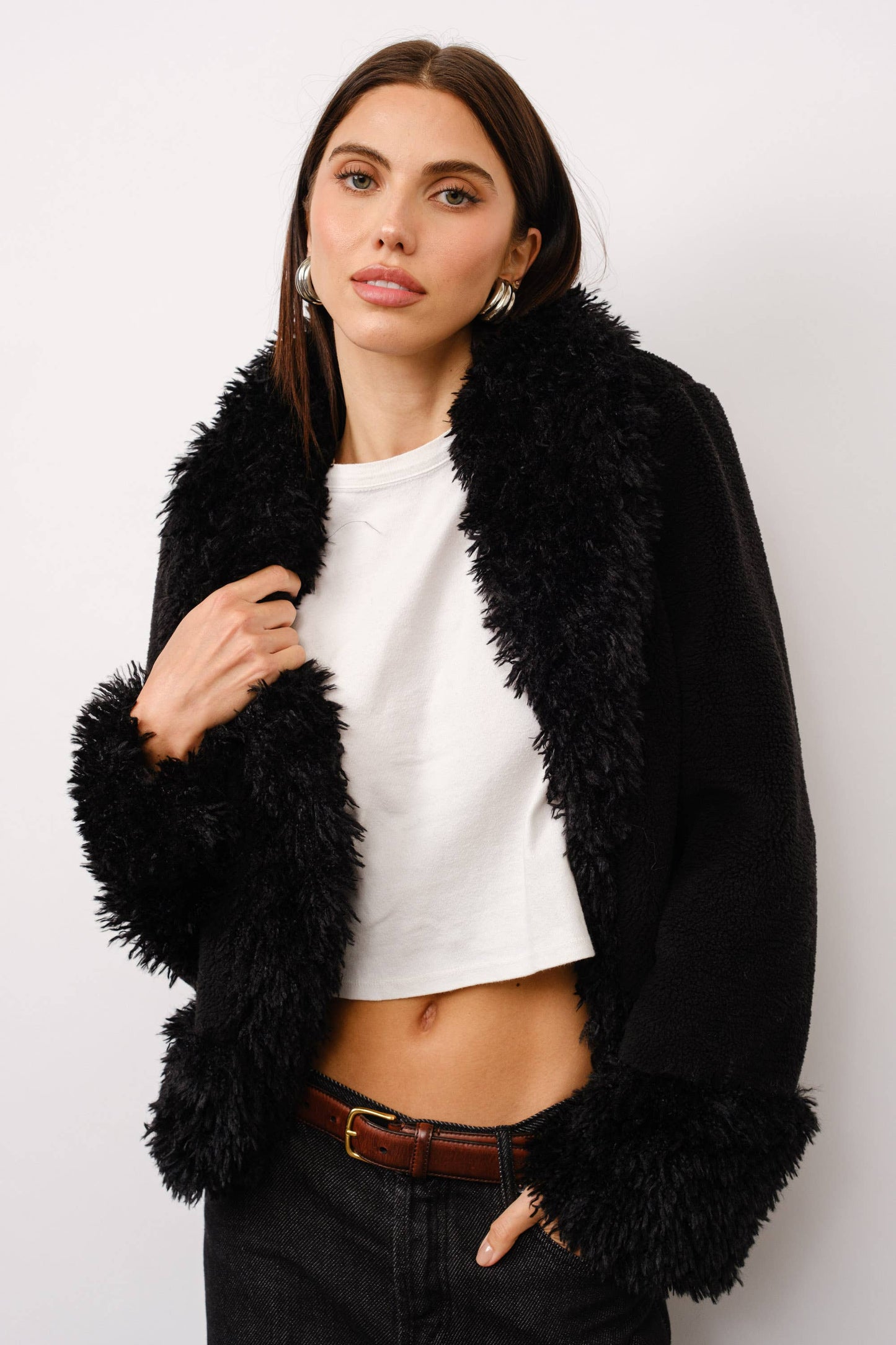 Cecilia Contrast Fur Short Coat - Black