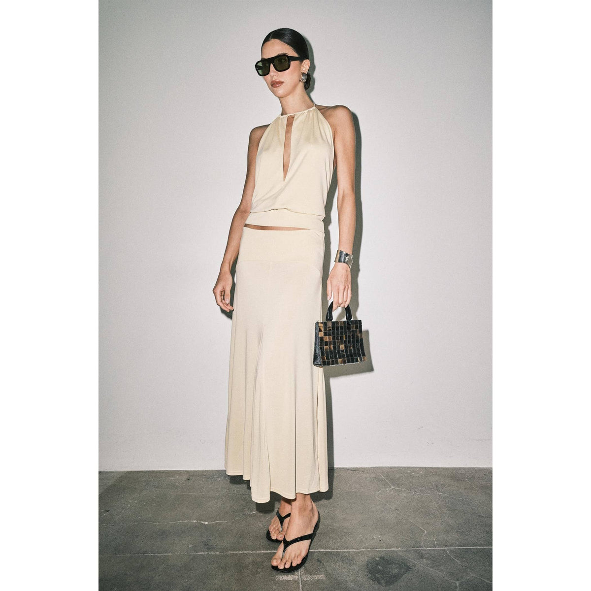 Frankie Matte Jersey Gathered Halter Bias-Cut Maxi Set