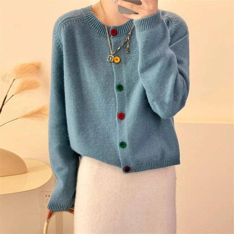 Solid Color Round Neck Open Front Short Cardigan