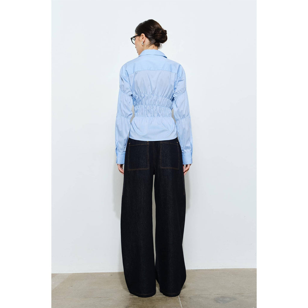 Celeste Ruched Detail Pinstripe Button Up Shirt