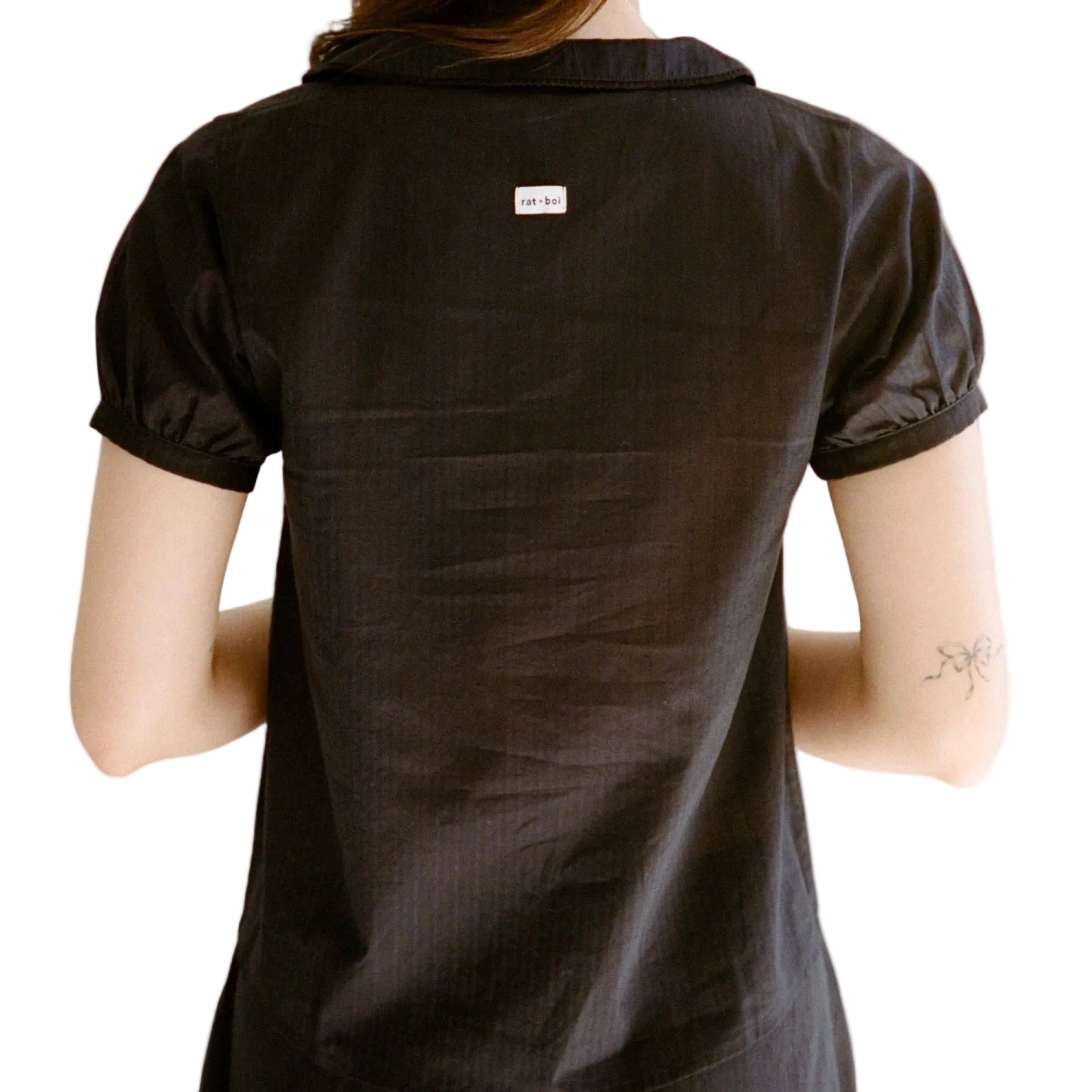 PUFF SLEEVE BUTTON DOWN IN ONYX DOBBY