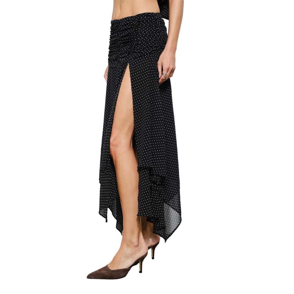 Liora Ruched Asymmetrical Scarf Hem Maxi Skirt