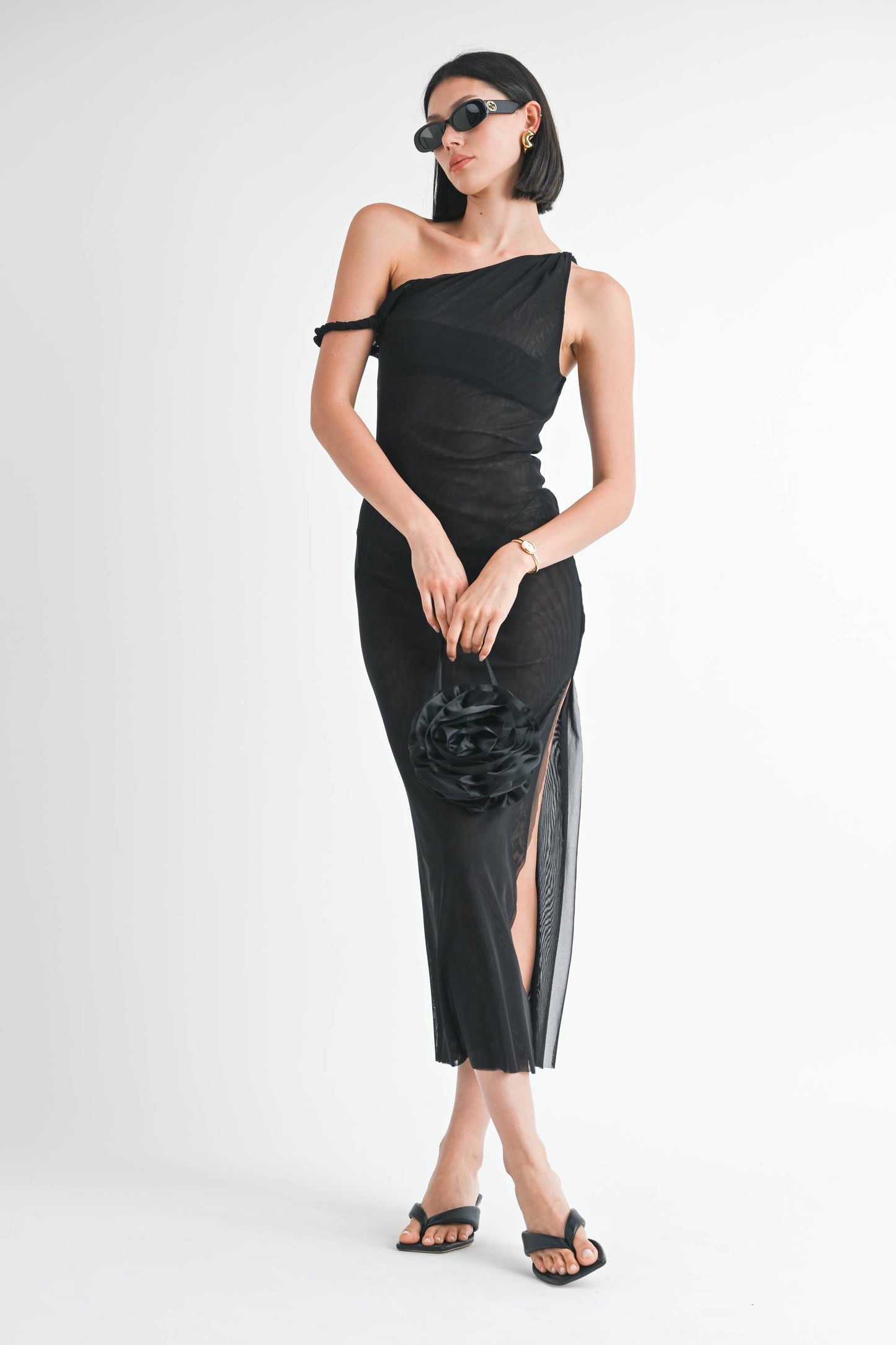 ASYMMETRICAL MESH MAXI DRESS