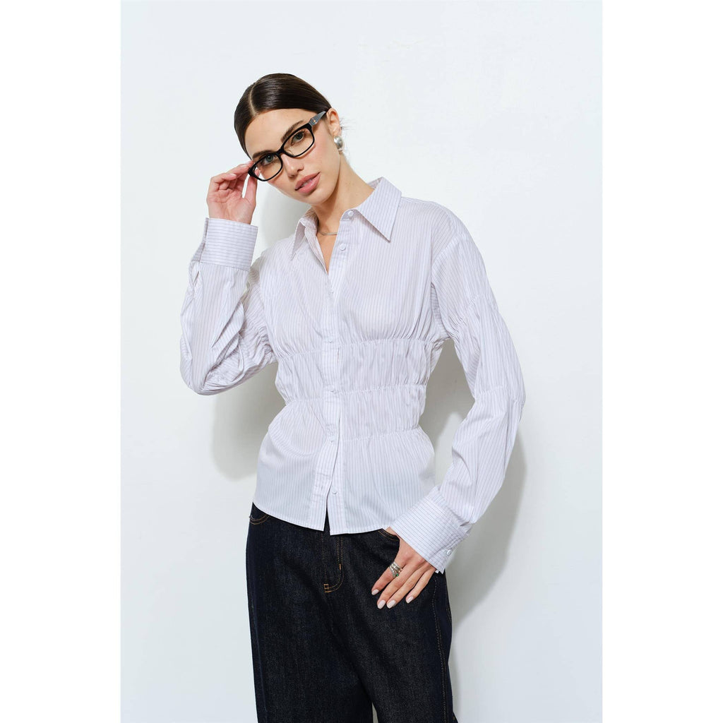 Celeste Ruched Detail Pinstripe Button Up Shirt