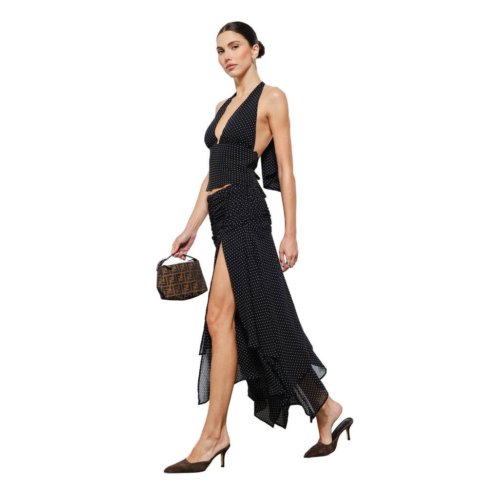 Liora Ruched Asymmetrical Scarf Hem Maxi Skirt