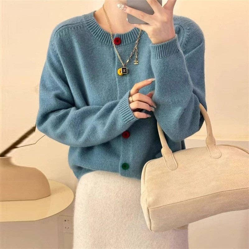 Solid Color Round Neck Open Front Short Cardigan