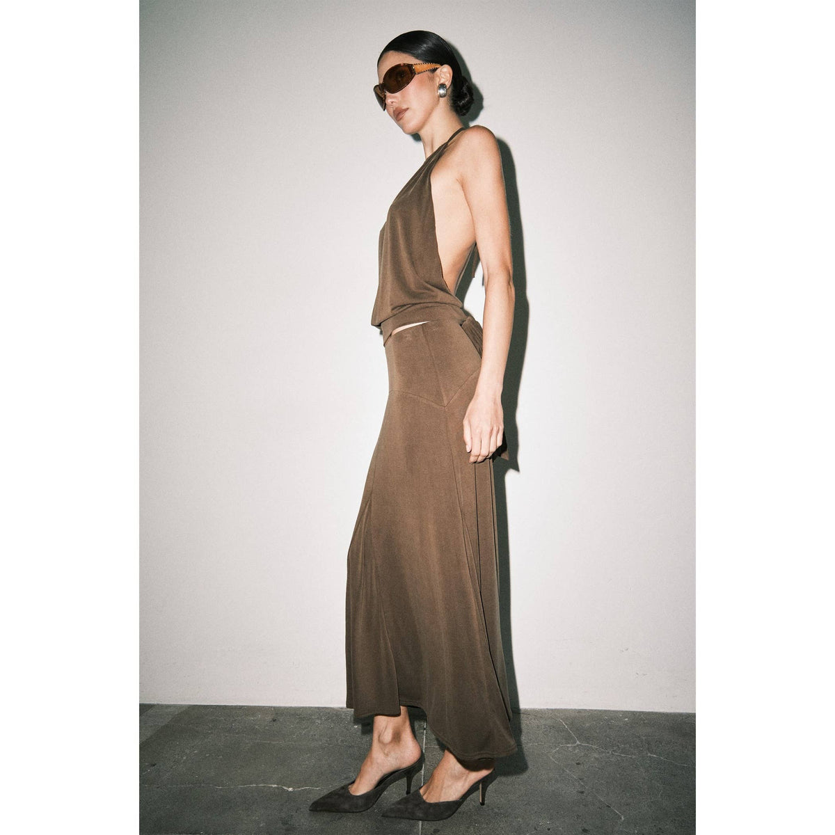 Frankie Matte Jersey Gathered Halter Bias-Cut Maxi Set