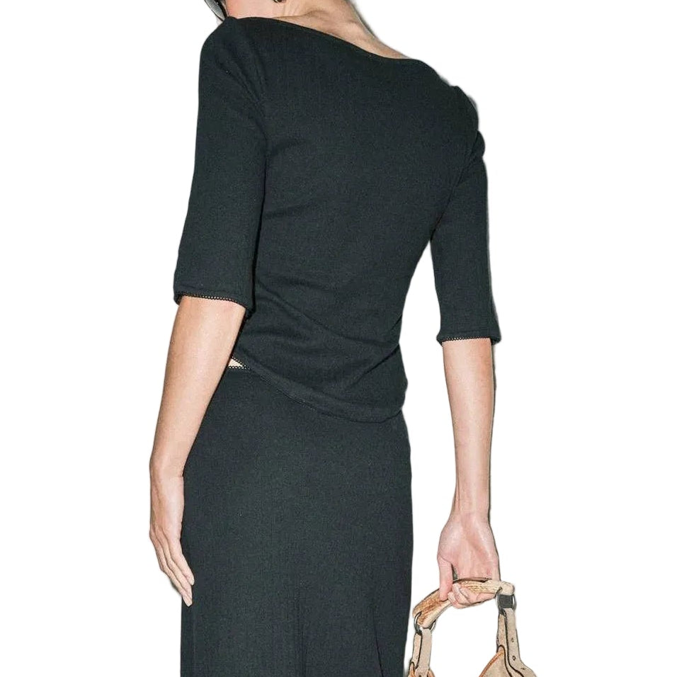 Sophie Pointelle Knit Boat Neck Half Sleeve Cutout Hem Top