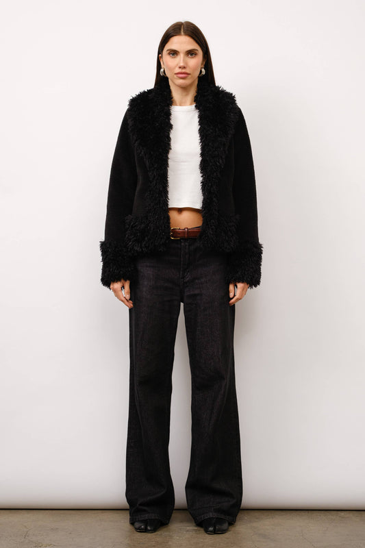 Cecilia Contrast Fur Short Coat - Black