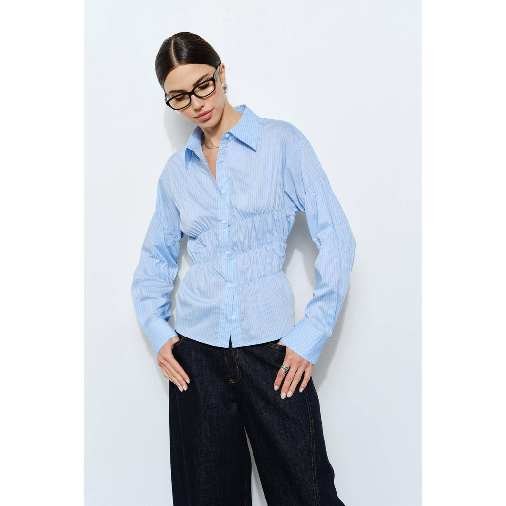 Celeste Ruched Detail Pinstripe Button Up Shirt