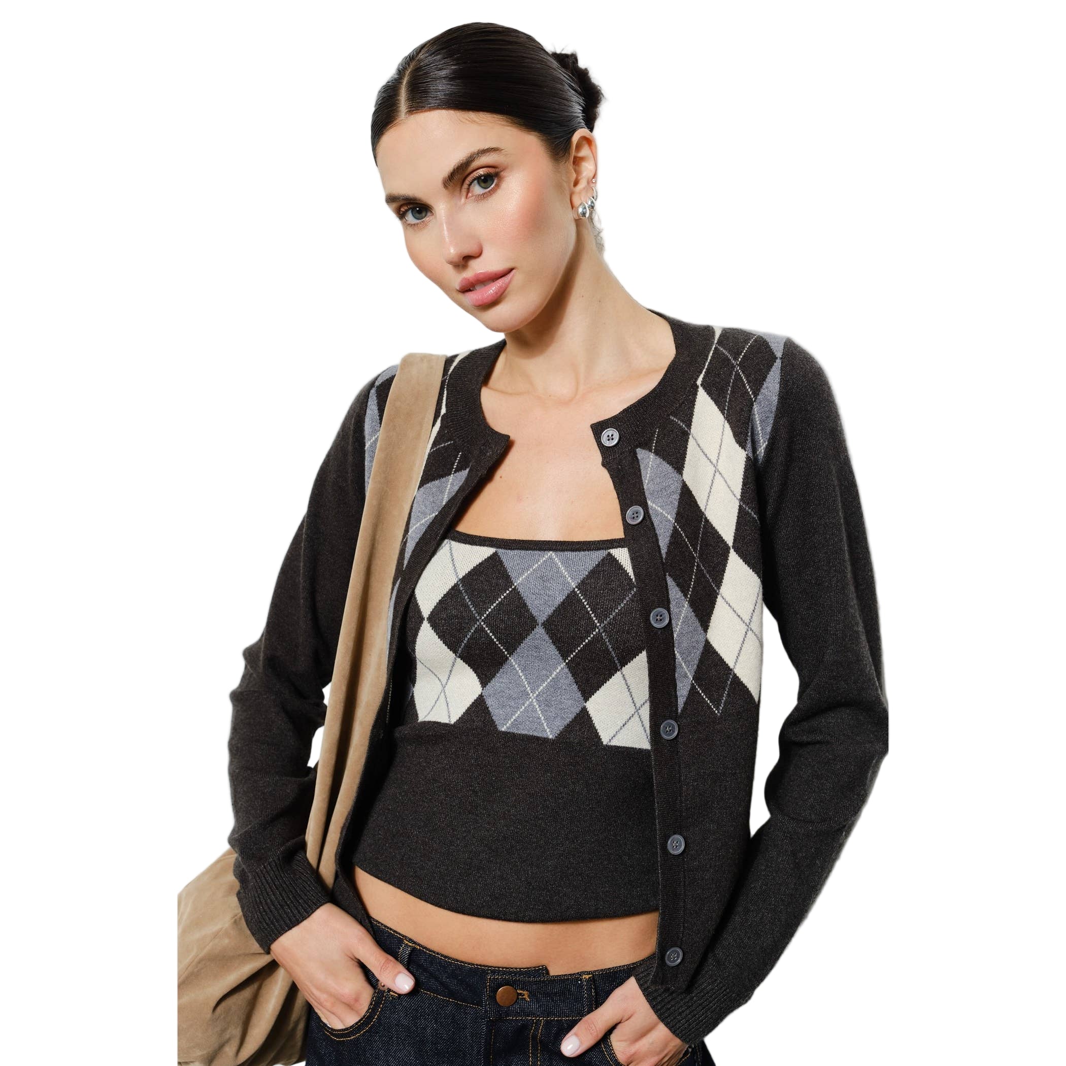 Claudia Argyle Knit Cardigan with Matching Cami Set