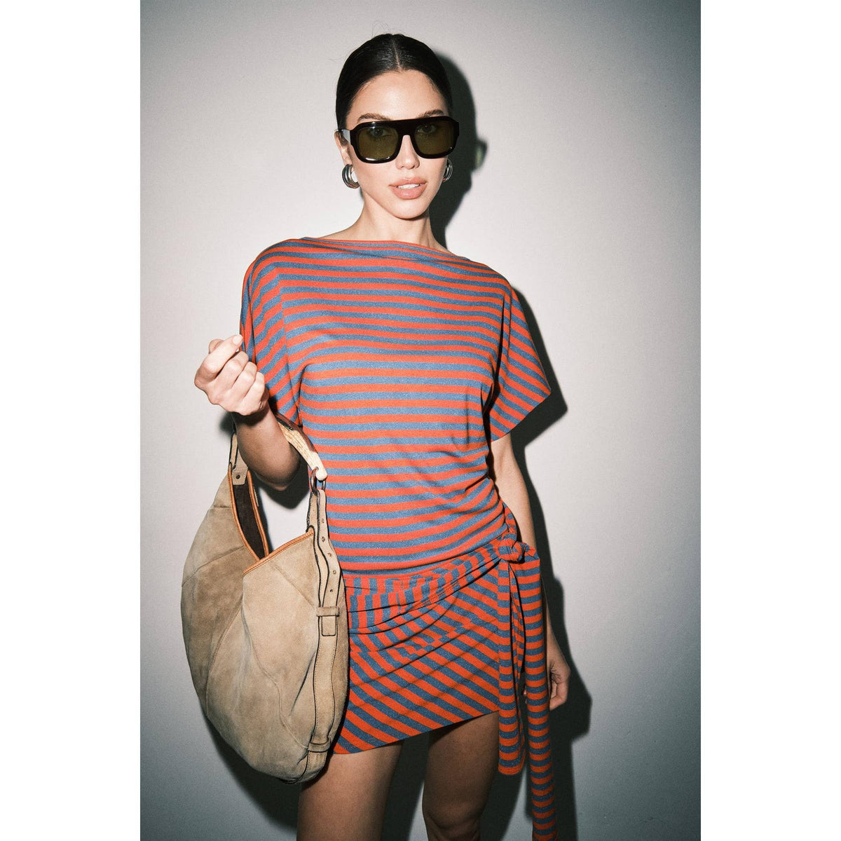 Gabriette Striped Knit Wrap Front Dolman Sleeve Mini Dress