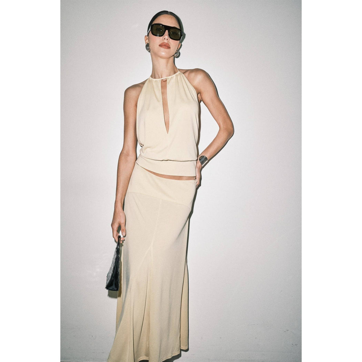 Frankie Matte Jersey Gathered Halter Bias-Cut Maxi Set