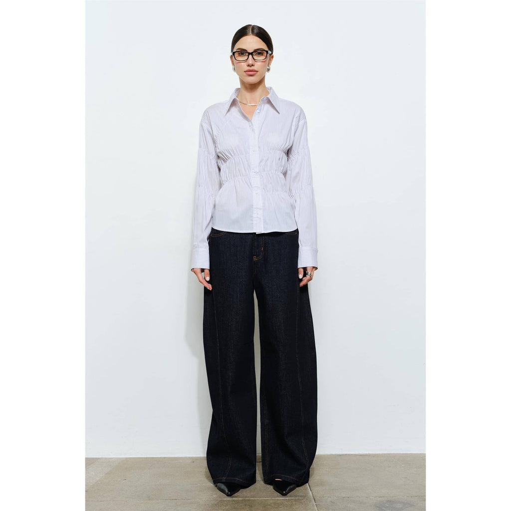 Celeste Ruched Detail Pinstripe Button Up Shirt