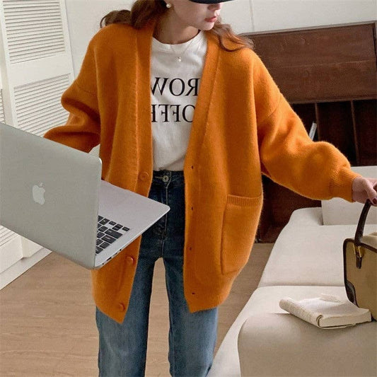 Loose-Fitting V-Neck Cardigan Sweater In Solid Color