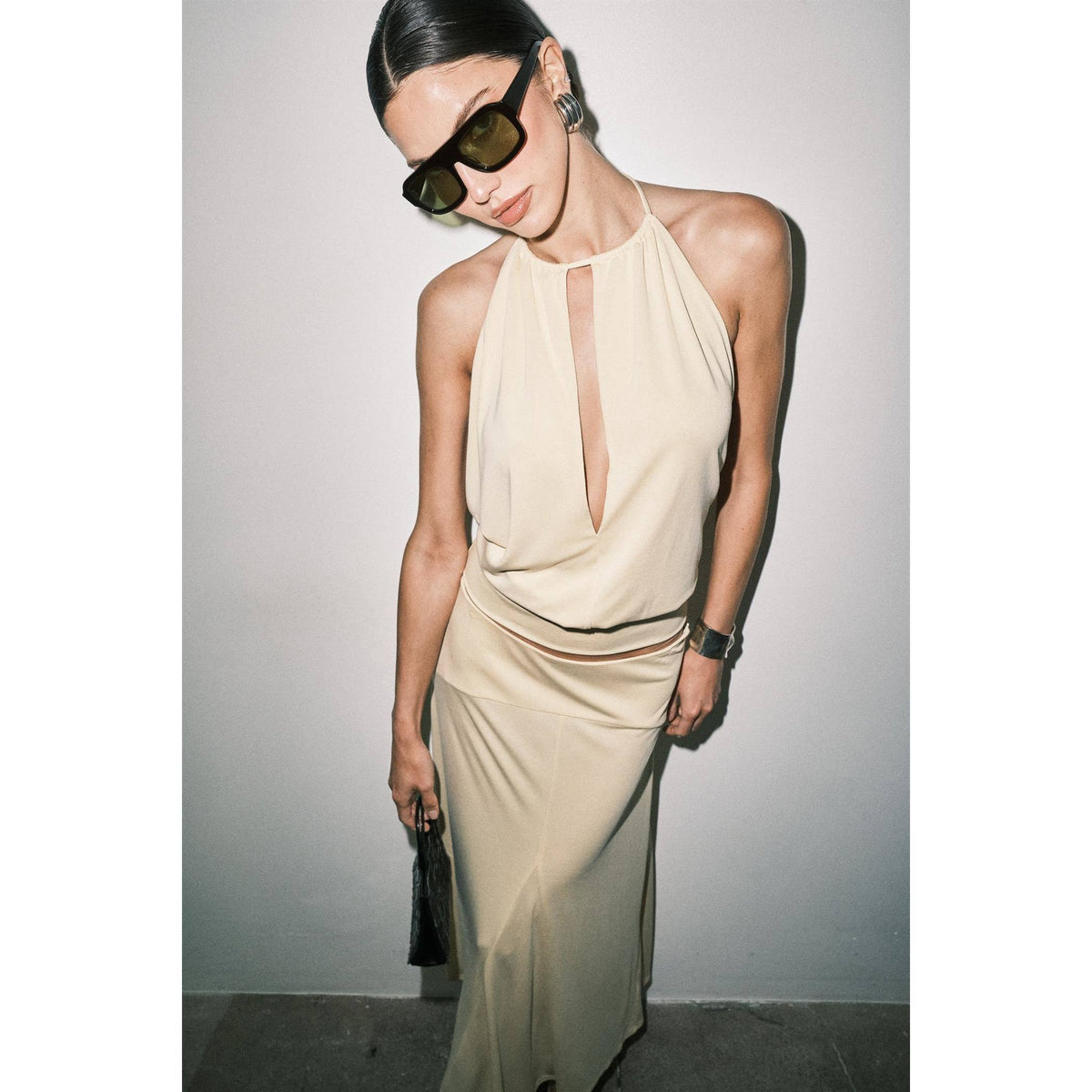 Frankie Matte Jersey Gathered Halter Bias-Cut Maxi Set