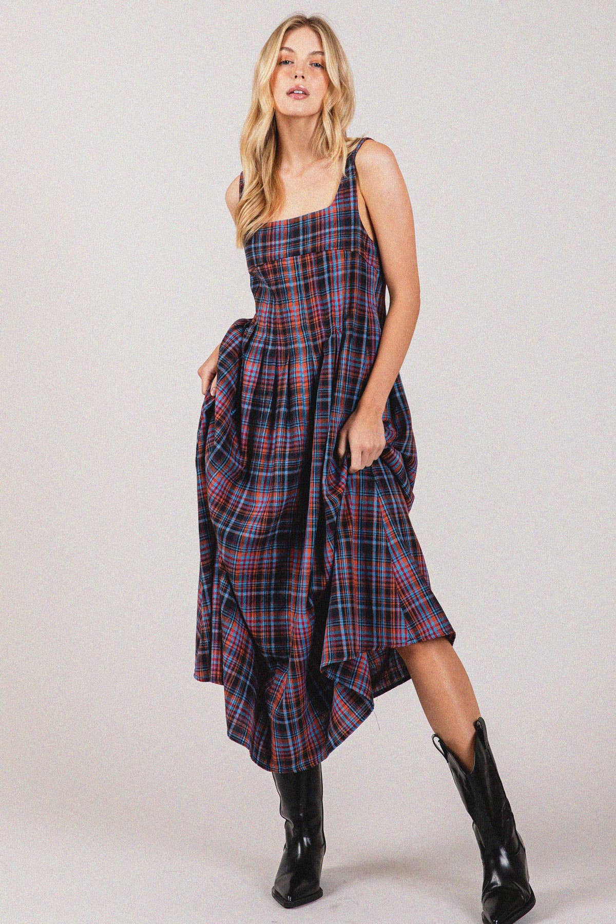 Plaid Cotton Square neck Smocking Back Midi Dress