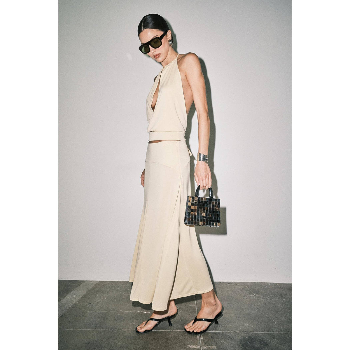 Frankie Matte Jersey Gathered Halter Bias-Cut Maxi Set