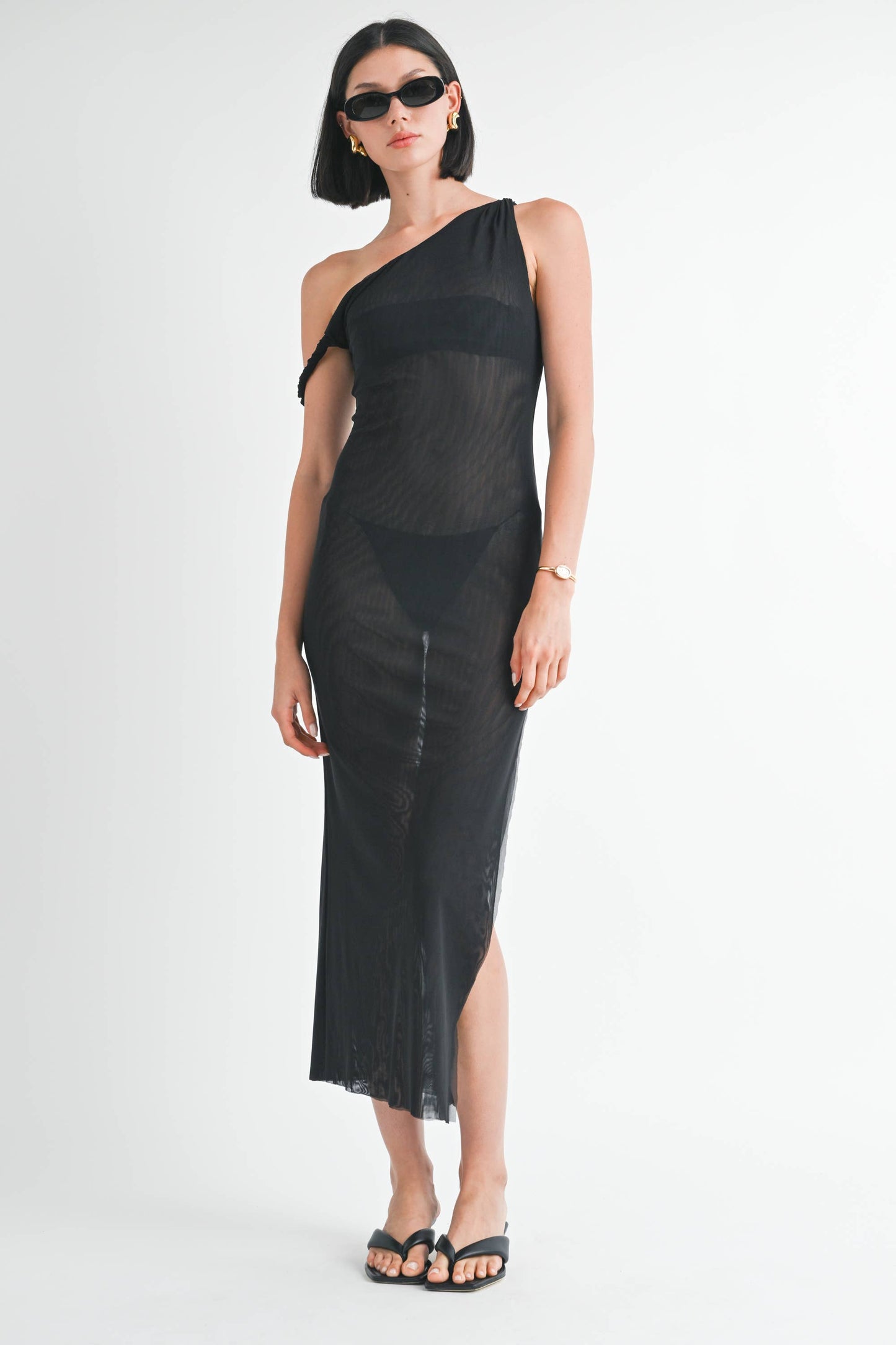 ASYMMETRICAL MESH MAXI DRESS