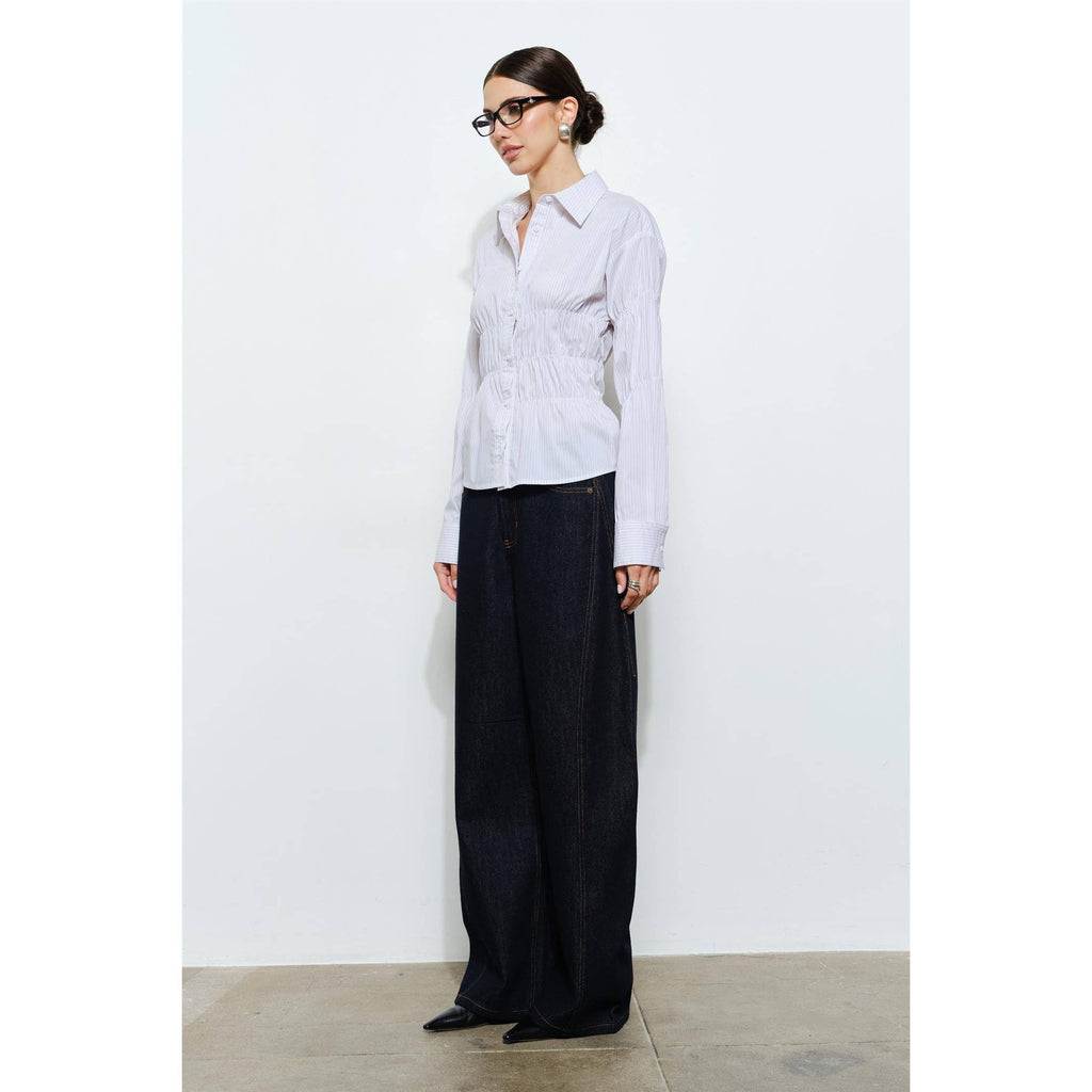 Celeste Ruched Detail Pinstripe Button Up Shirt