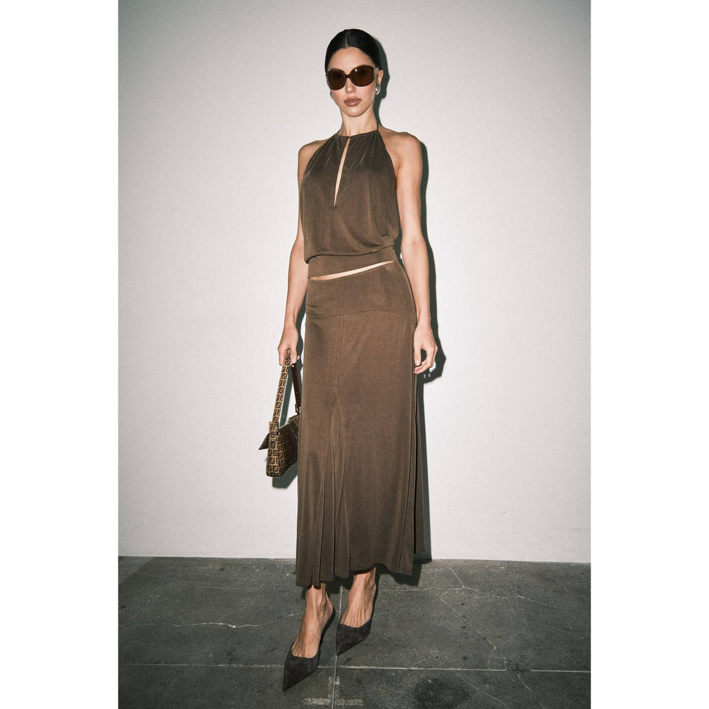 Frankie Matte Jersey Gathered Halter Bias-Cut Maxi Set