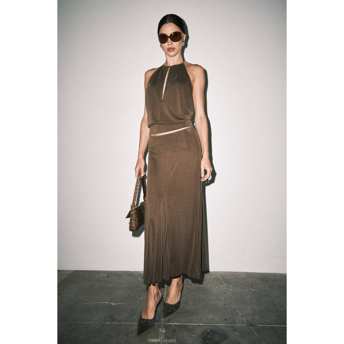 Frankie Matte Jersey Gathered Halter Bias-Cut Maxi Set