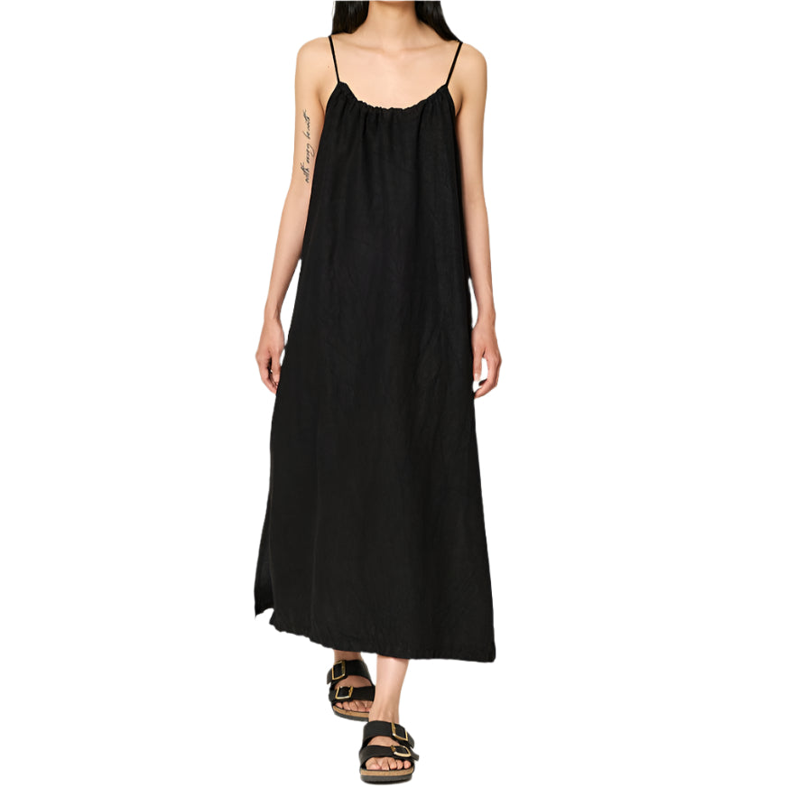 DRESS02 strap dress, organic linen, 6,1oz/sq.yd., relaxed fit - 99 DEEP BLACK