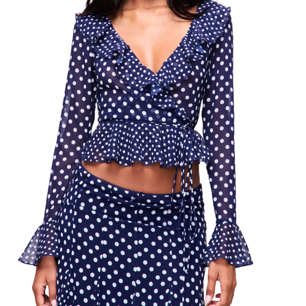 Mallorca Ruffle Wrap Top - Navy Mixed Polka Dot