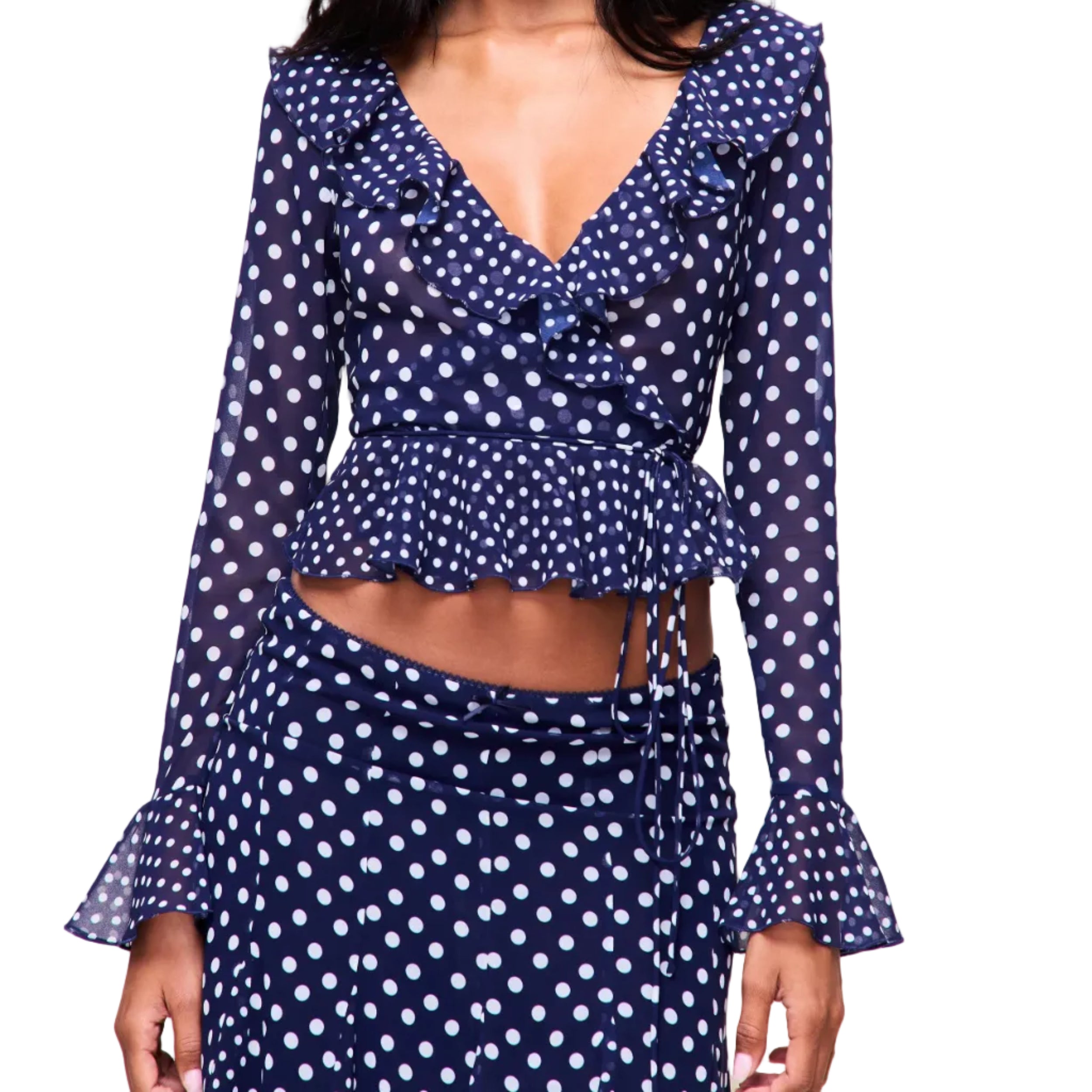 Mallorca Ruffle Wrap Top - Navy Mixed Polka Dot