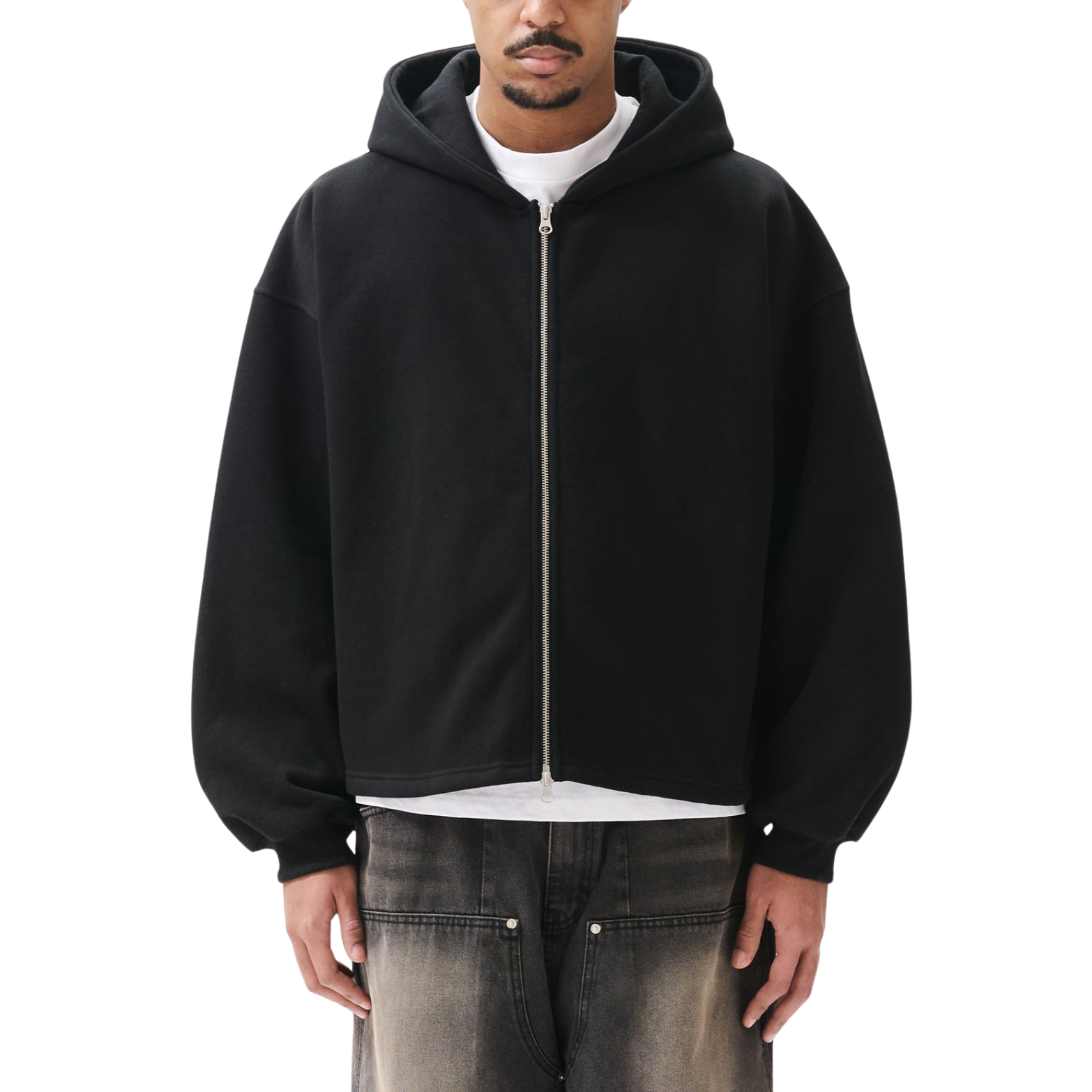 Boxy Zip-up Hoodie - BLACK