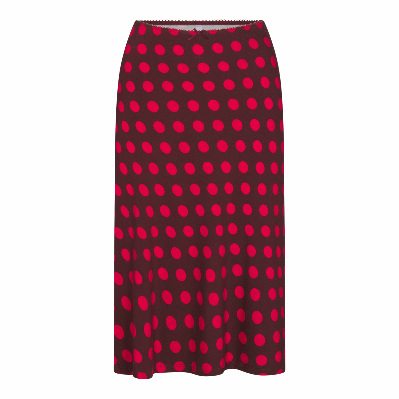 BIAS MIDI SLIP SKIRT IN SCARLET DOT
