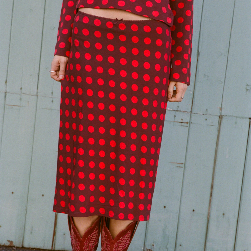 BIAS MIDI SLIP SKIRT IN SCARLET DOT