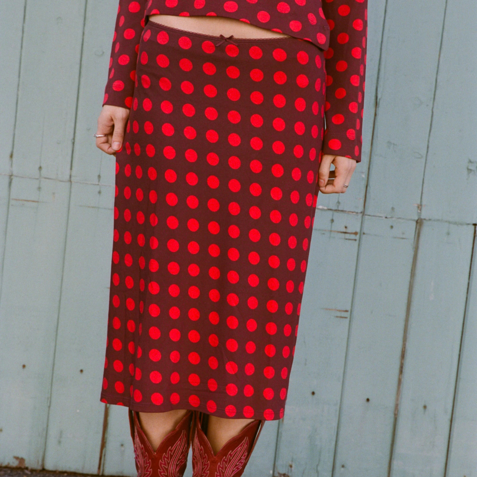 BIAS MIDI SLIP SKIRT IN SCARLET DOT