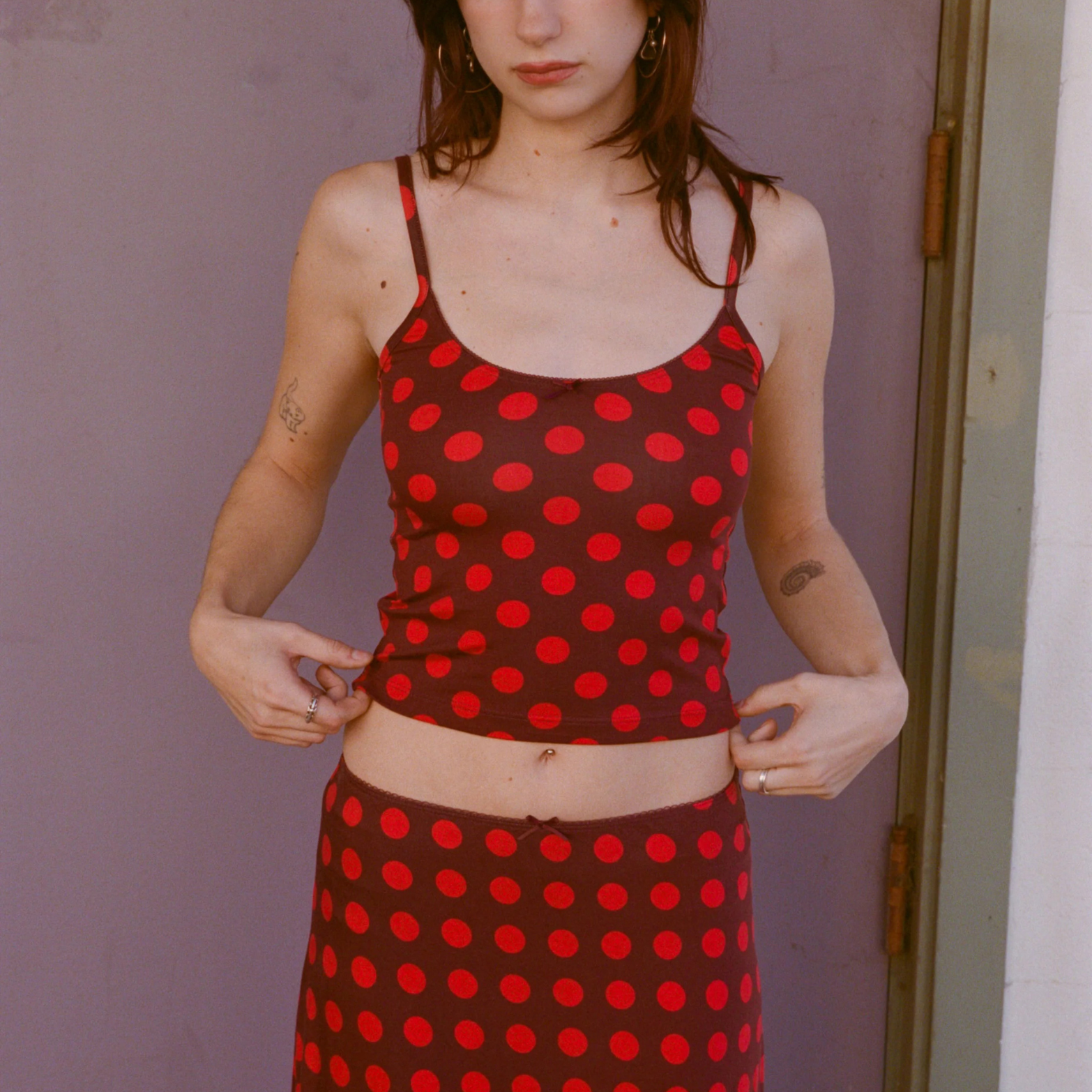 SCOOP BACK CAMI IN SCARLET DOT