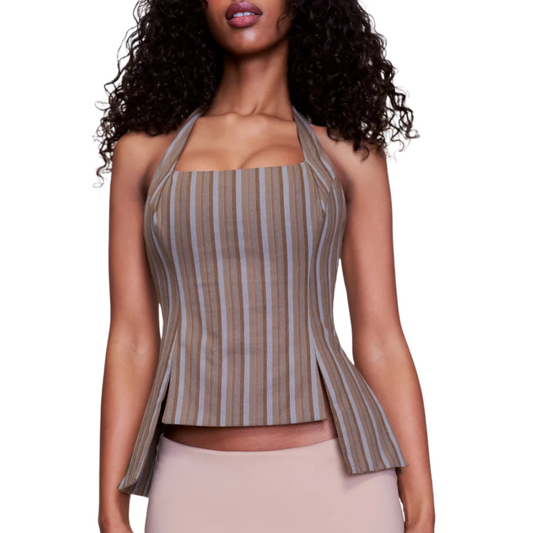 CARINE HALTER TOP - BROWN STRIPE