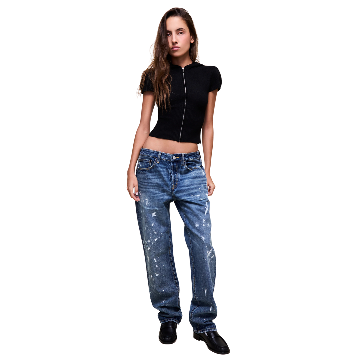 Guizio Relaxed Low Rise Denim - Vintage Med Wash Paint Splatter