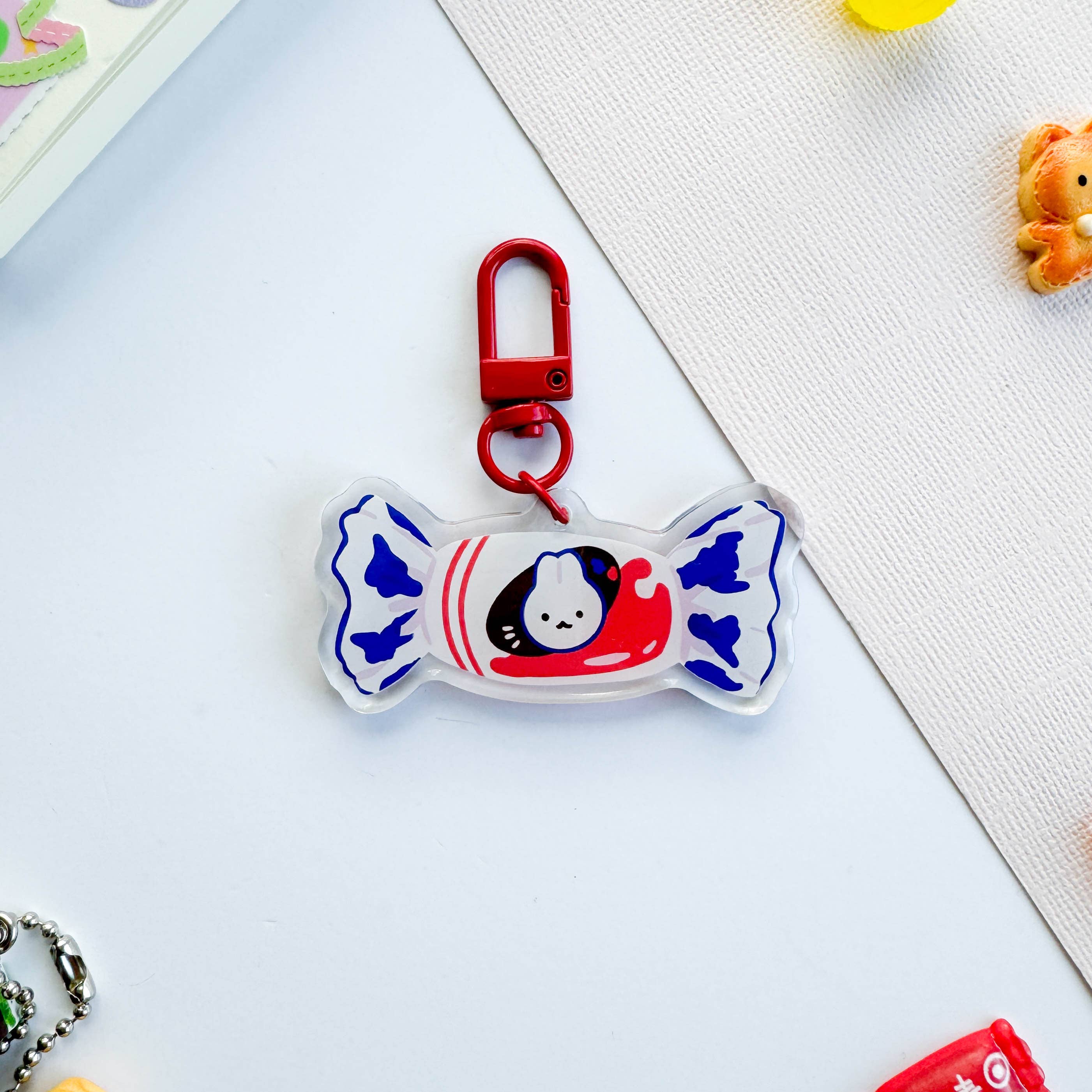 White Rabbit Candy Double-sided Acrylic Keychain with Epoxy