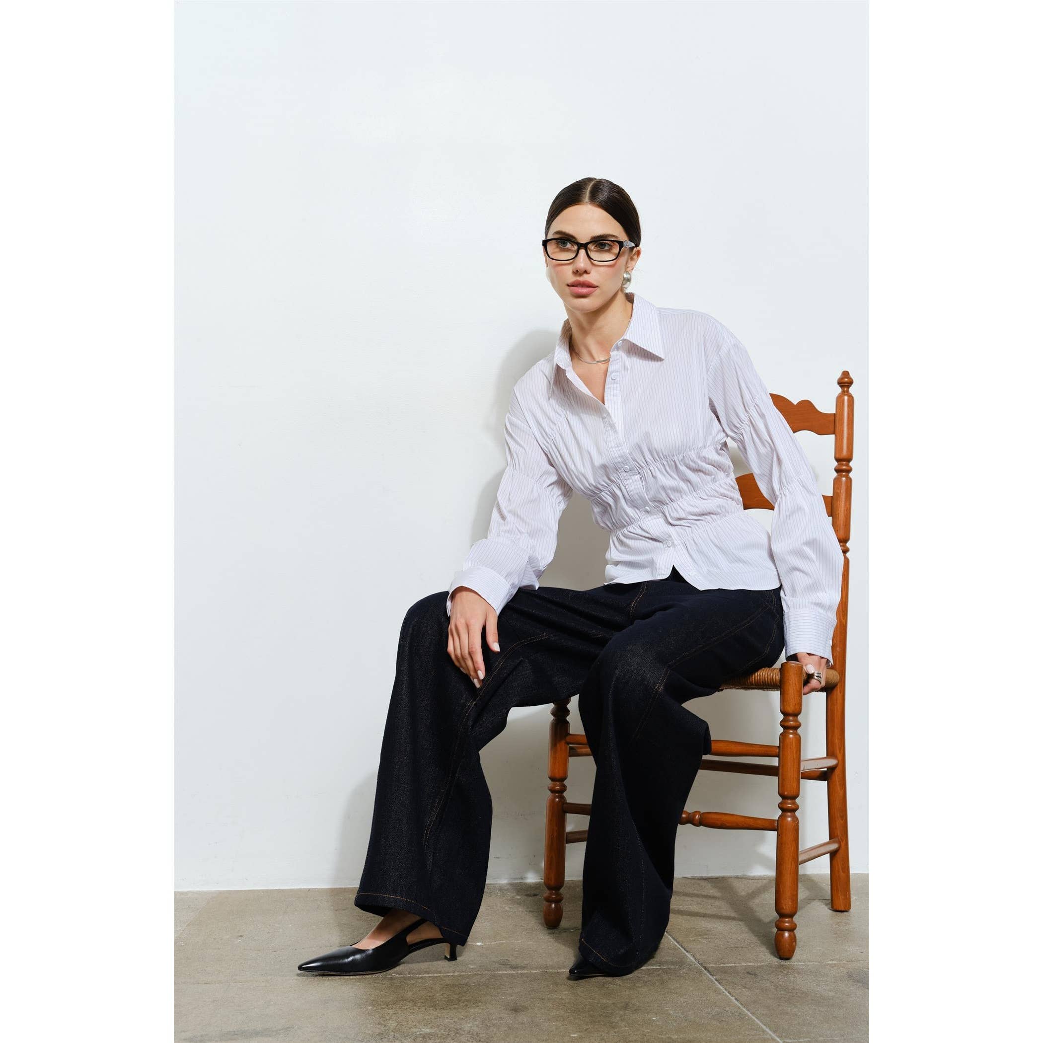 Celeste Ruched Detail Pinstripe Button Up Shirt