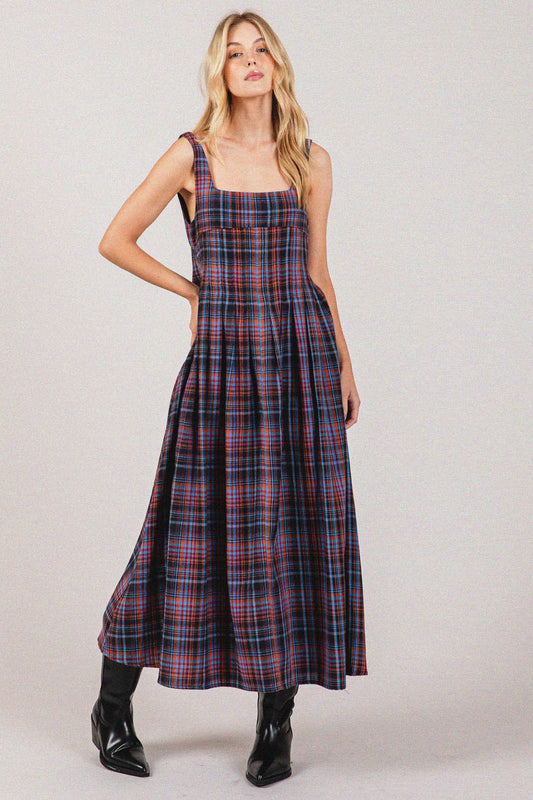 Plaid Cotton Square neck Smocking Back Midi Dress