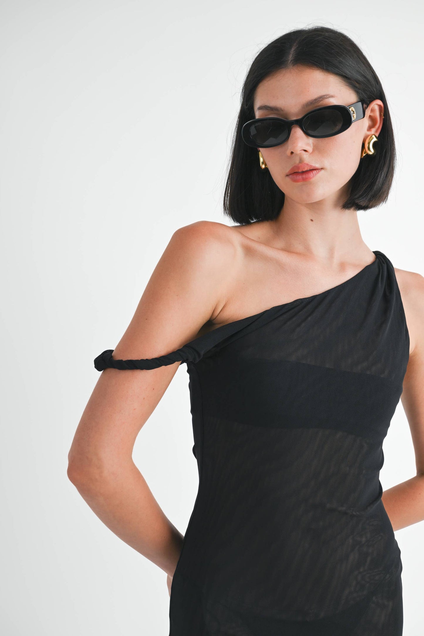 ASYMMETRICAL MESH MAXI DRESS