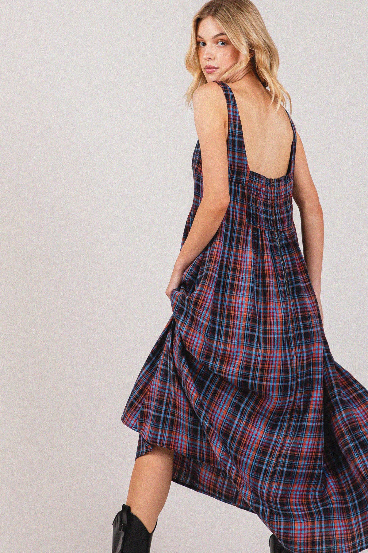 Plaid Cotton Square neck Smocking Back Midi Dress