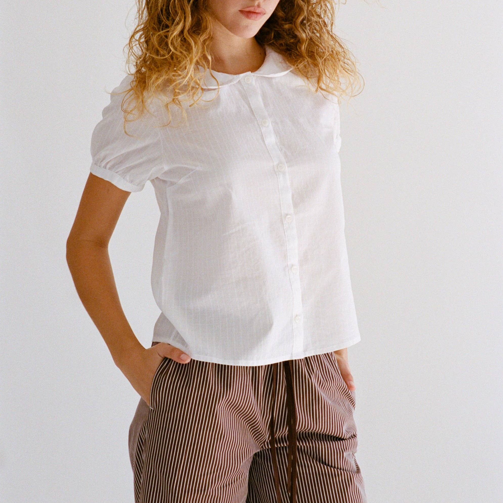 PUFF SLEEVE BUTTON DOWN IN CLOUD DOBBY