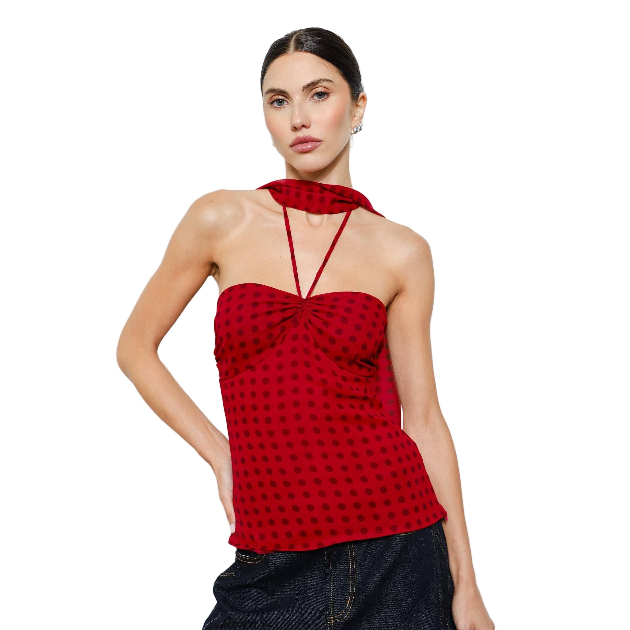 Corinne Red Polka Dot Chiffon Halter Top w/ Scarf