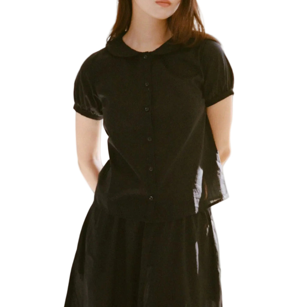 PUFF SLEEVE BUTTON DOWN IN ONYX DOBBY