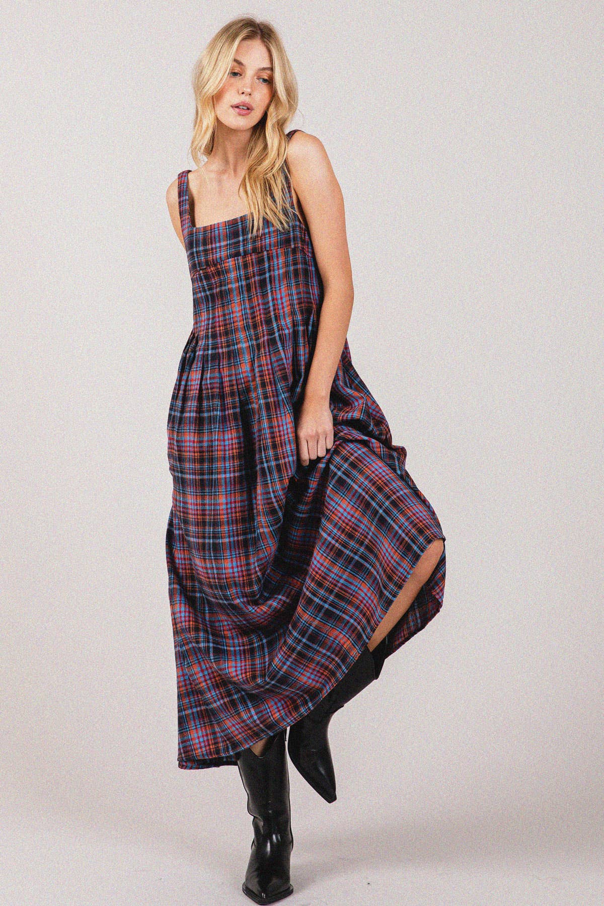 Plaid Cotton Square neck Smocking Back Midi Dress