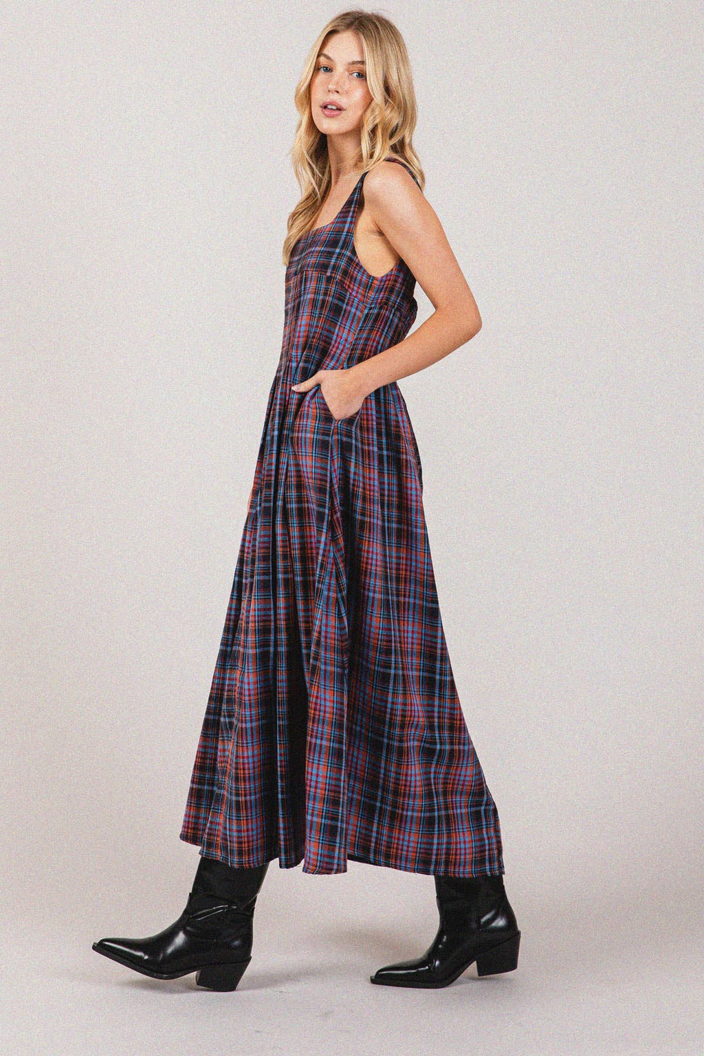 Plaid Cotton Square neck Smocking Back Midi Dress