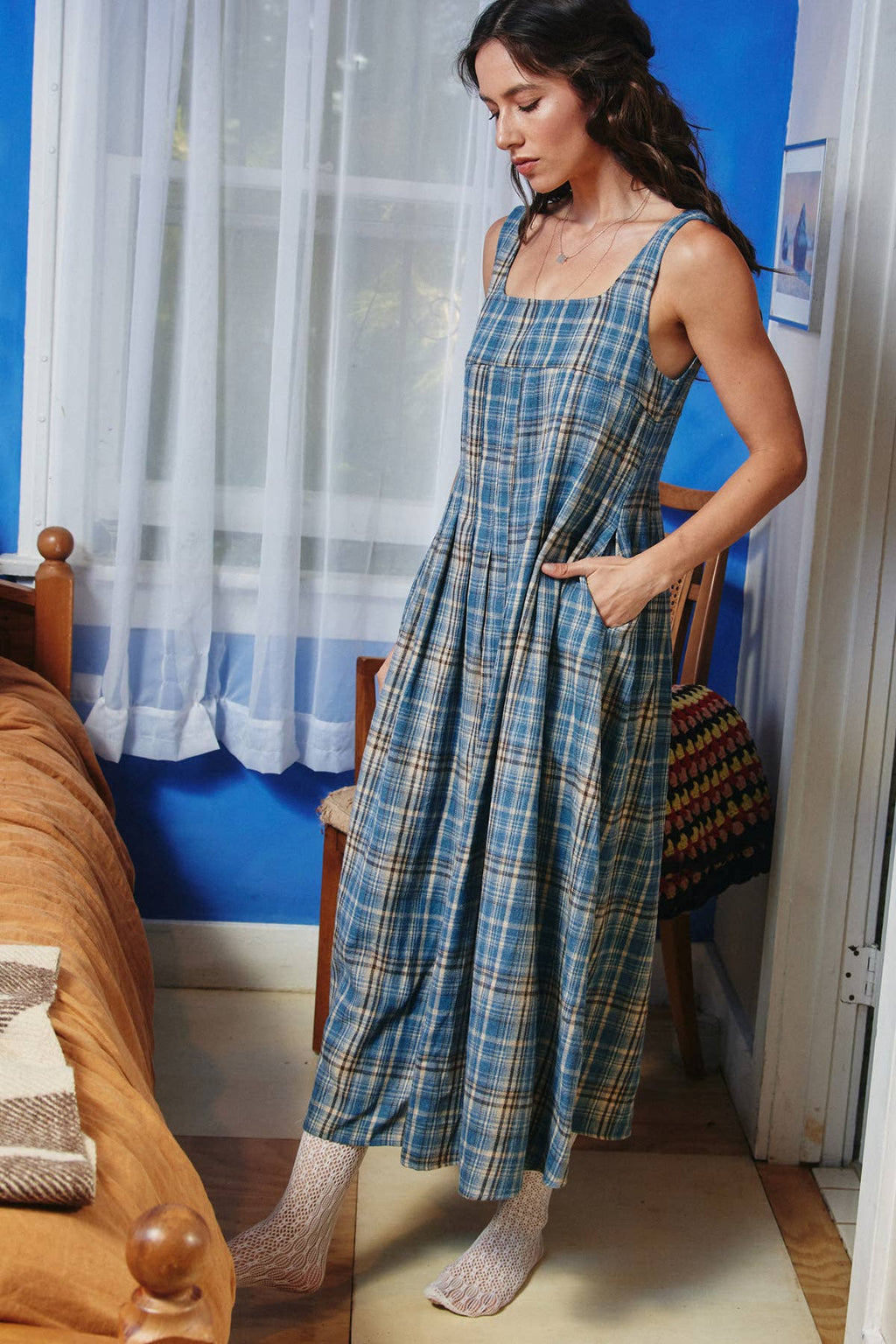 Plaid Cotton Square neck Smocking Back Midi Dress