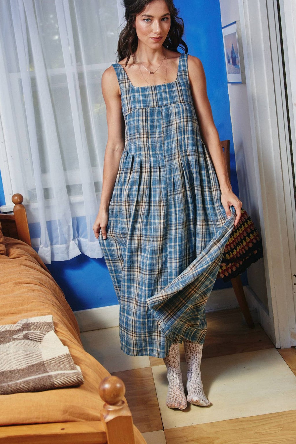 Plaid Cotton Square neck Smocking Back Midi Dress