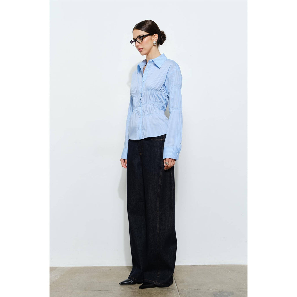 Celeste Ruched Detail Pinstripe Button Up Shirt